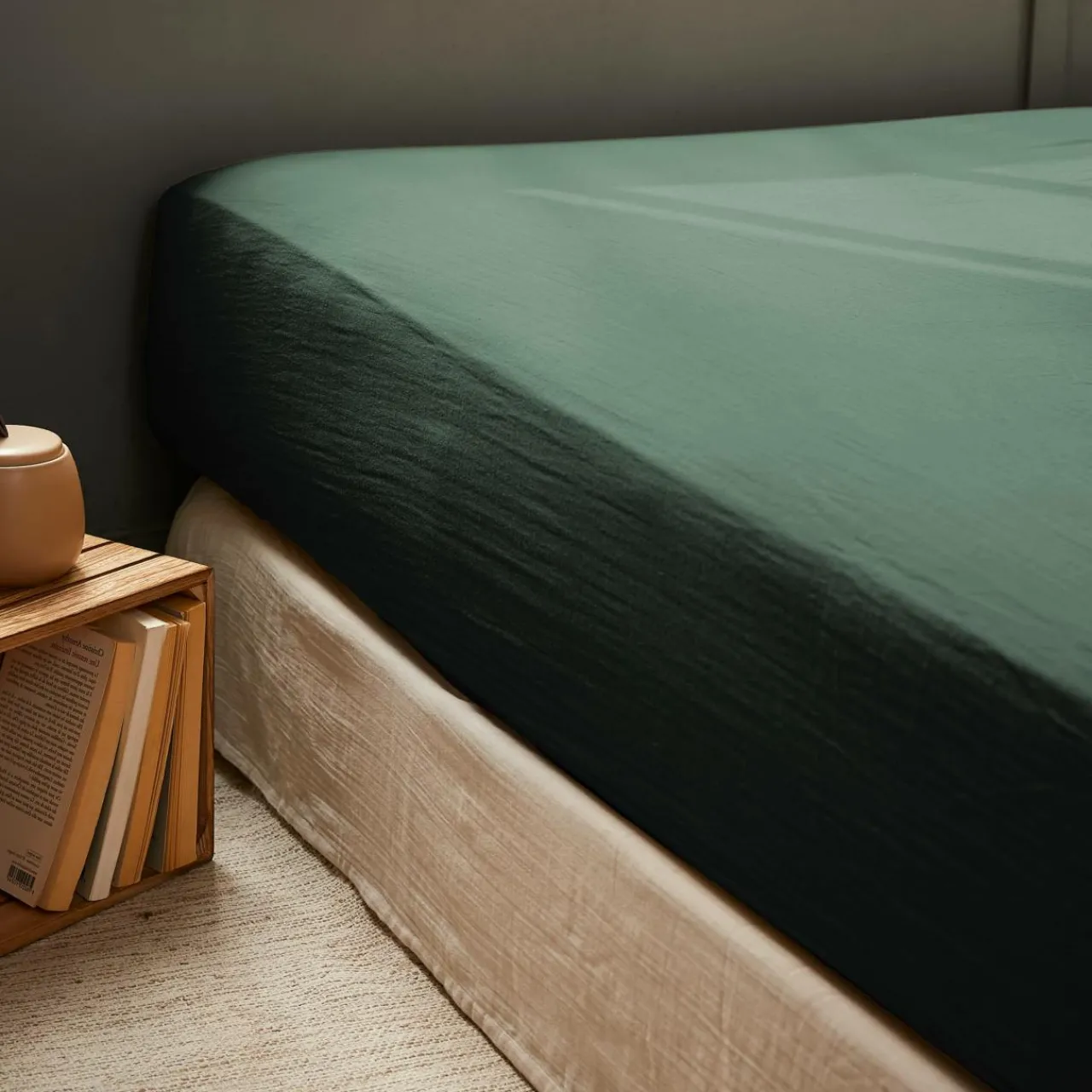 Drap Housse|EMINZA Drap housse gaze de coton (200 x 200 cm) Gaïa Vert sapin