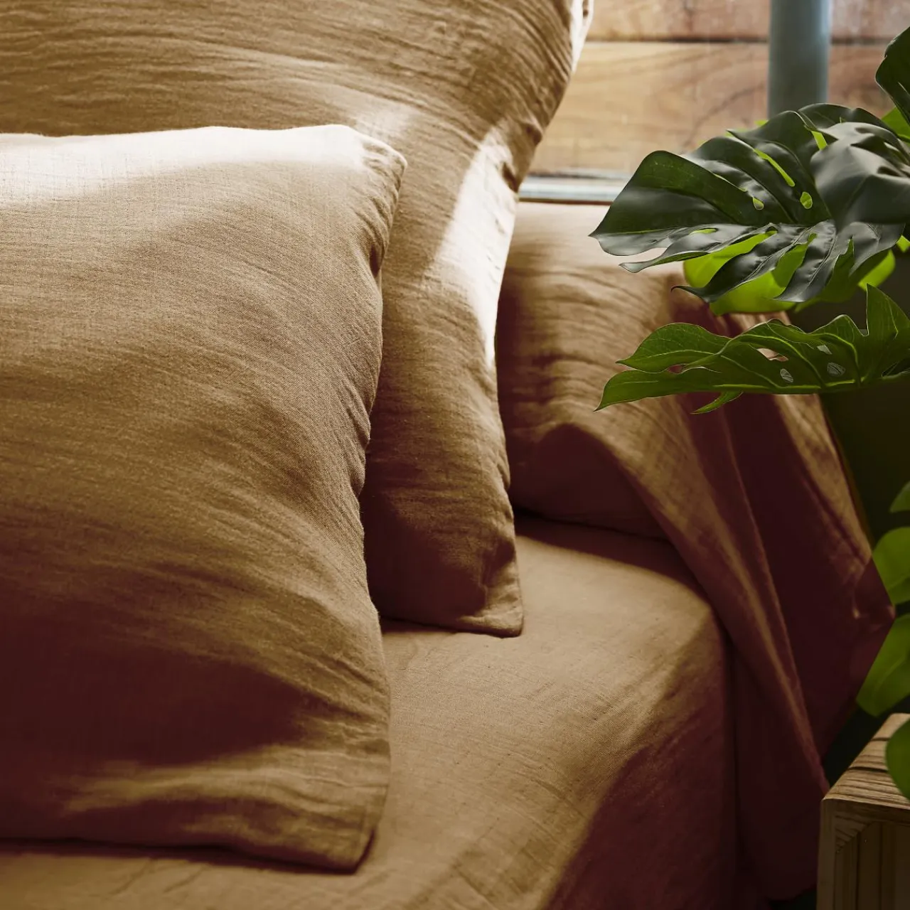 Drap Housse|EMINZA Drap housse gaze de coton (140 x 190 cm) Gaïa Camel