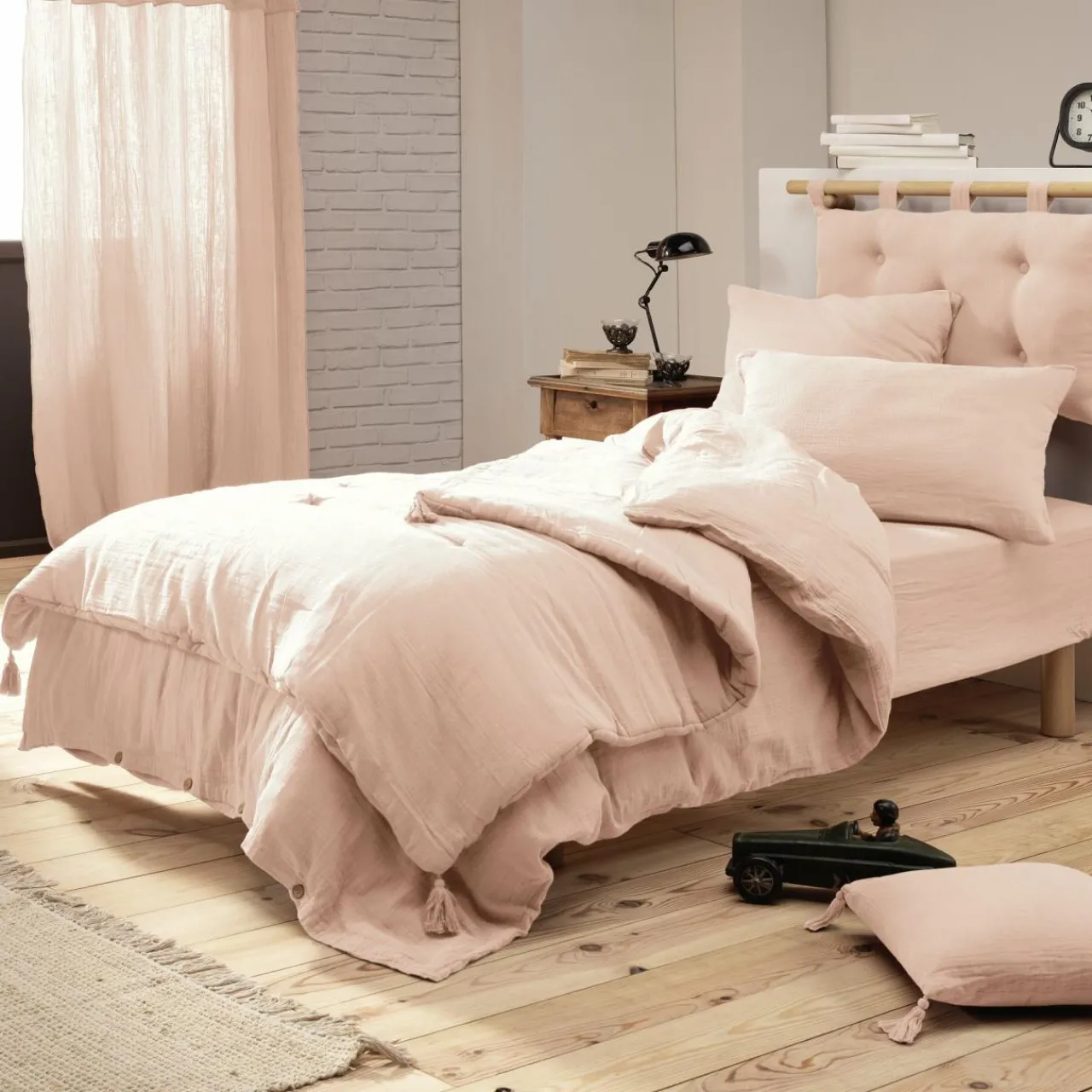 Drap Housse|EMINZA Drap housse gaze de coton (90 x 190 cm) Gaïa Rose poudré