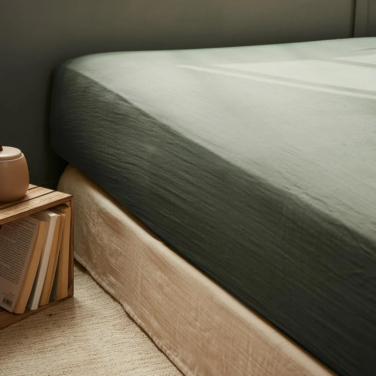 Drap Housse|EMINZA Drap housse gaze de coton (90 x 200 cm) Gaïa Vert romarin