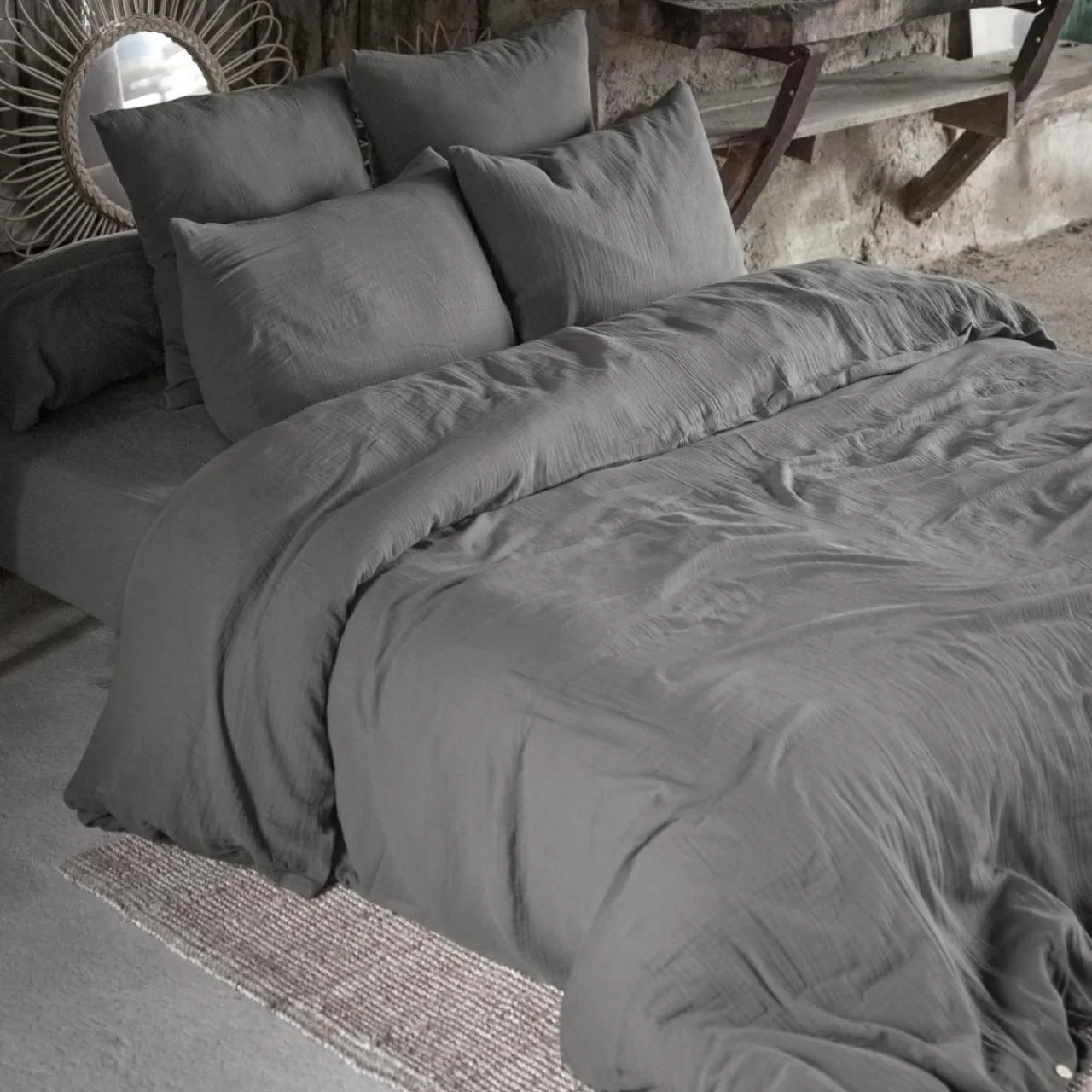 Drap Housse|EMINZA Drap housse gaze de coton (180 x 200 cm) Gaïa Gris granit Gris foncé