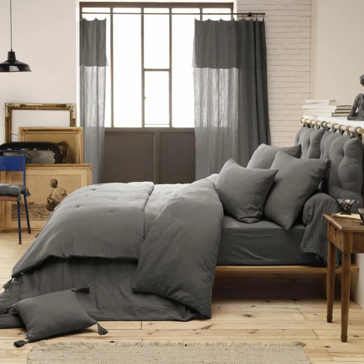 Drap Housse|EMINZA Drap housse gaze de coton (140 x 190 cm) Gaïa Gris granit Gris foncé