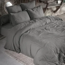 Drap Housse|EMINZA Drap housse gaze de coton (160 x 200 cm) Gaïa Gris granit Gris foncé