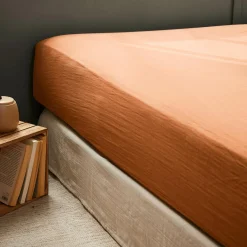 Drap Housse|EMINZA Drap housse gaze de coton (160 x 200 cm) Gaïa Abricot