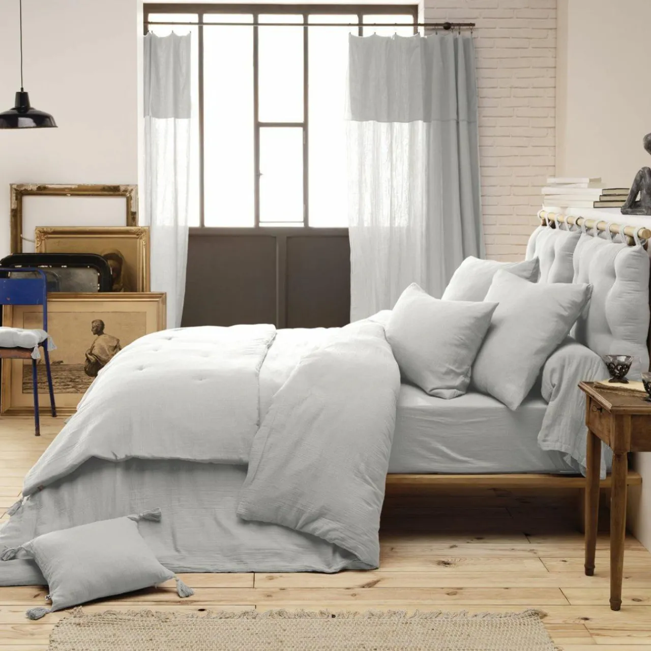 Drap Housse|EMINZA Drap housse gaze de coton (140 x 190 cm) Gaïa Gris nuage Gris clair