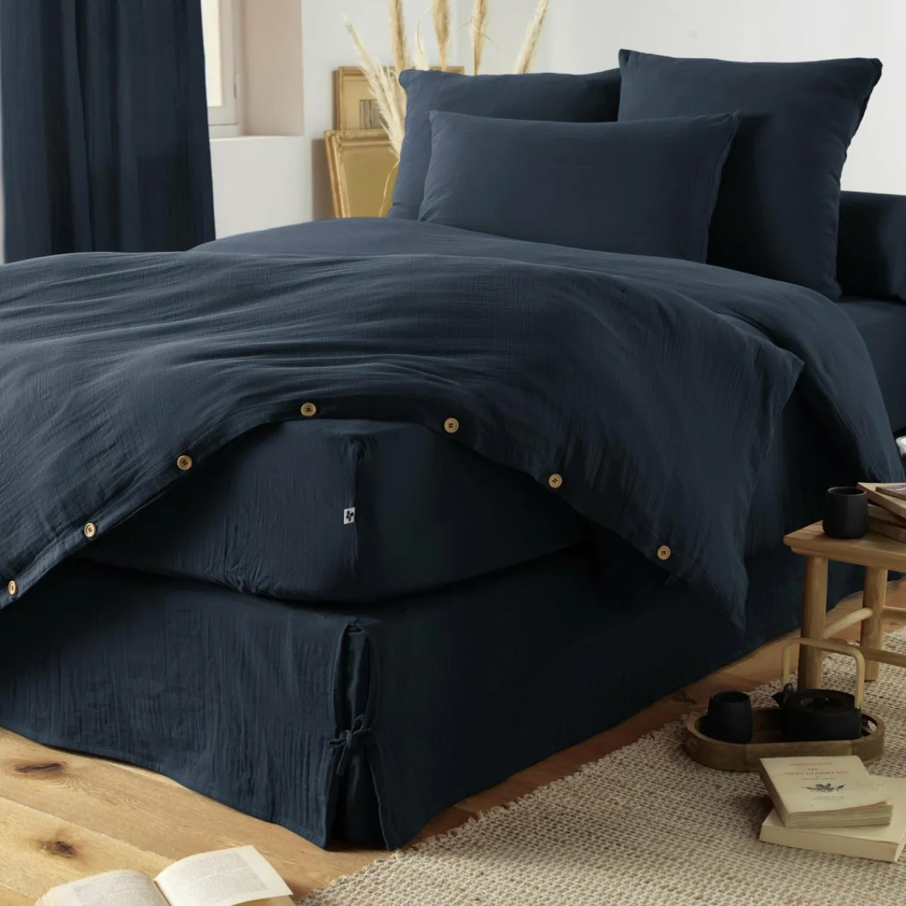 Drap Housse|EMINZA Drap housse gaze de coton (180 x 200 cm) Gaïa Bleu nuit