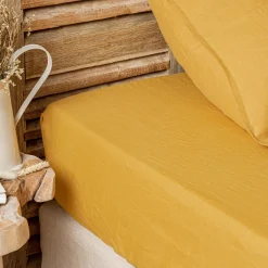 Drap Housse|EMINZA Drap housse lin lavé (180 x 200 cm) Louise Jaune moutarde