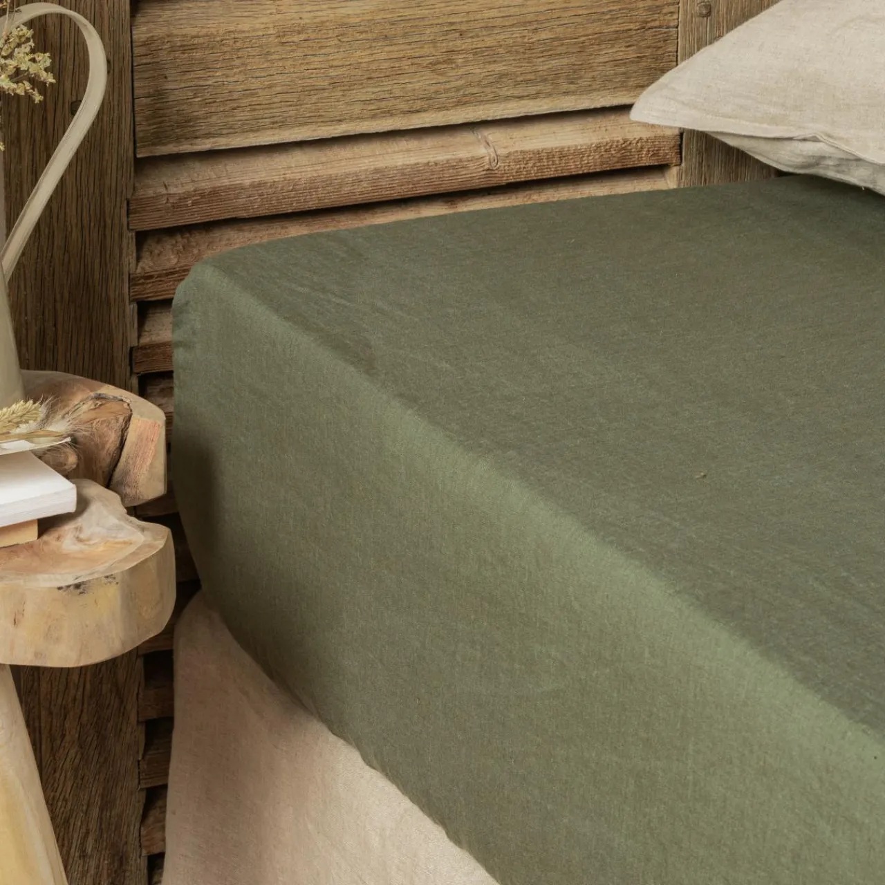 Drap Housse|EMINZA Drap housse lin lavé (160 x 200 cm) Louise Vert romarin