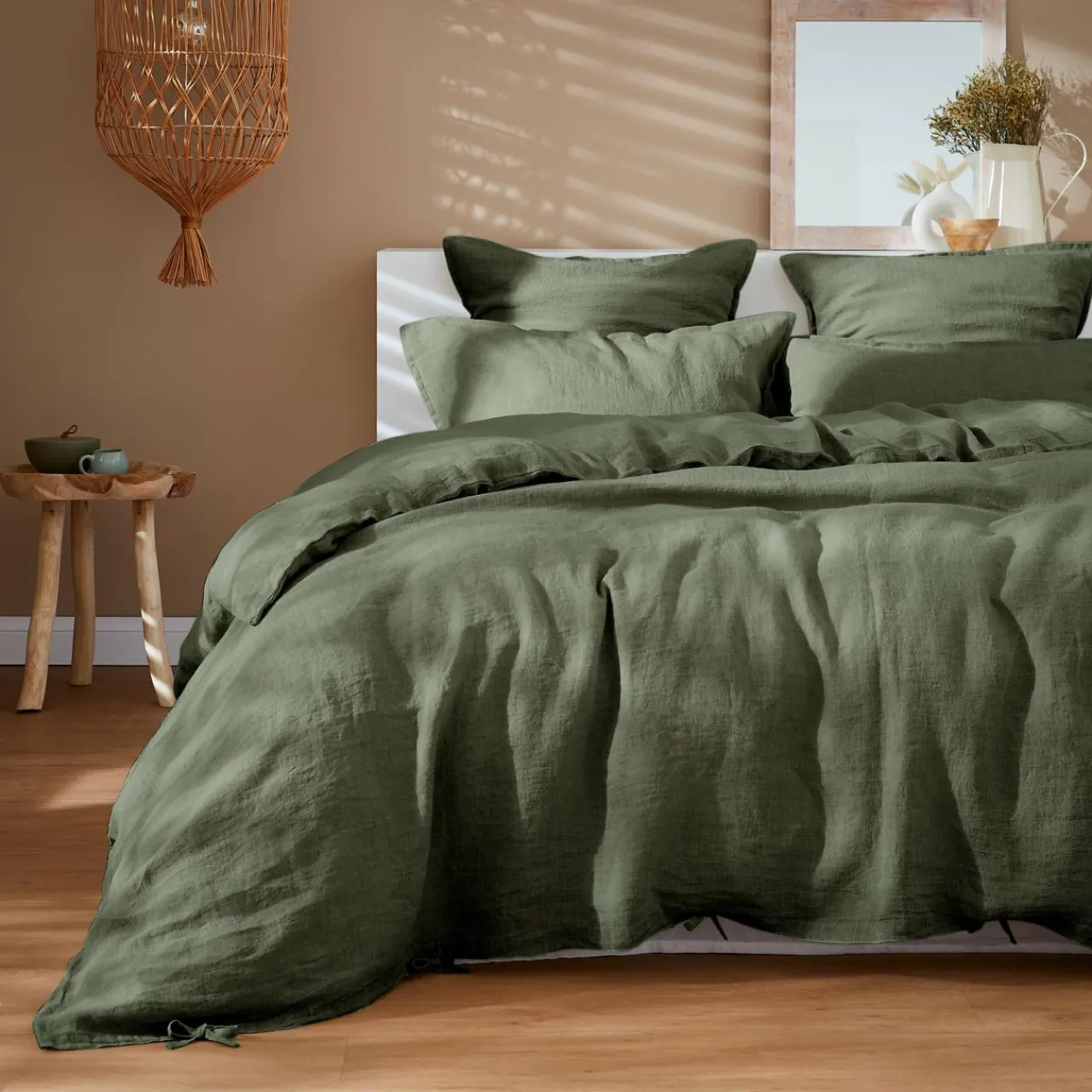 Drap Housse|EMINZA Drap housse lin lavé (160 x 200 cm) Louise Vert romarin