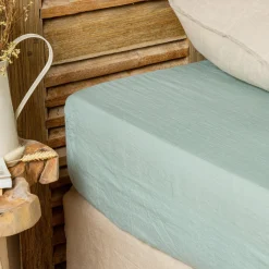 Drap Housse|EMINZA Drap housse lin lavé (160 x 200 cm) Louise Vert Eucalyptus