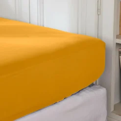 Drap Housse|EMINZA Drap housse percale de coton (140 x 200 cm) Cali Jaune moutarde