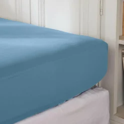 Drap Housse|EMINZA Drap housse percale de coton (140 x 190 cm) Cali Bleu Ciel