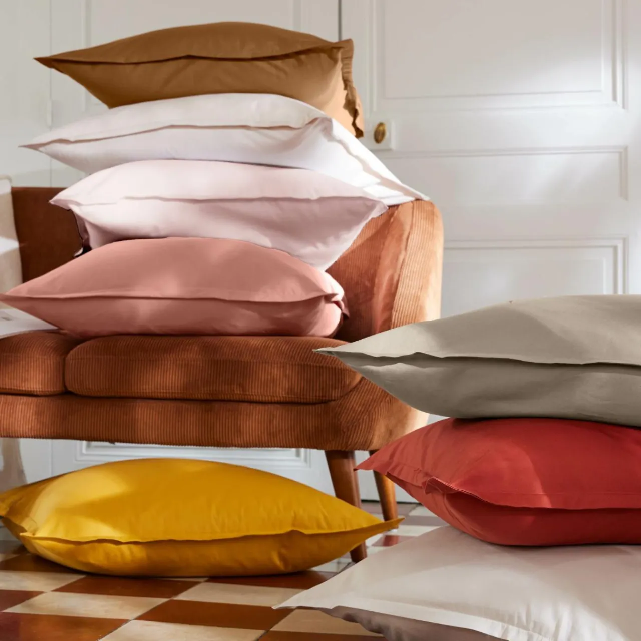 Drap Housse|EMINZA Drap housse percale de coton (200 x 200 cm) Cali Taupe