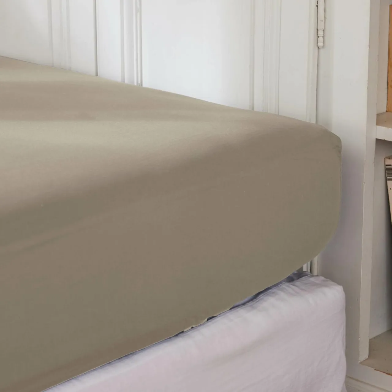 Drap Housse|EMINZA Drap housse percale de coton (90 x 200 cm) Cali Taupe