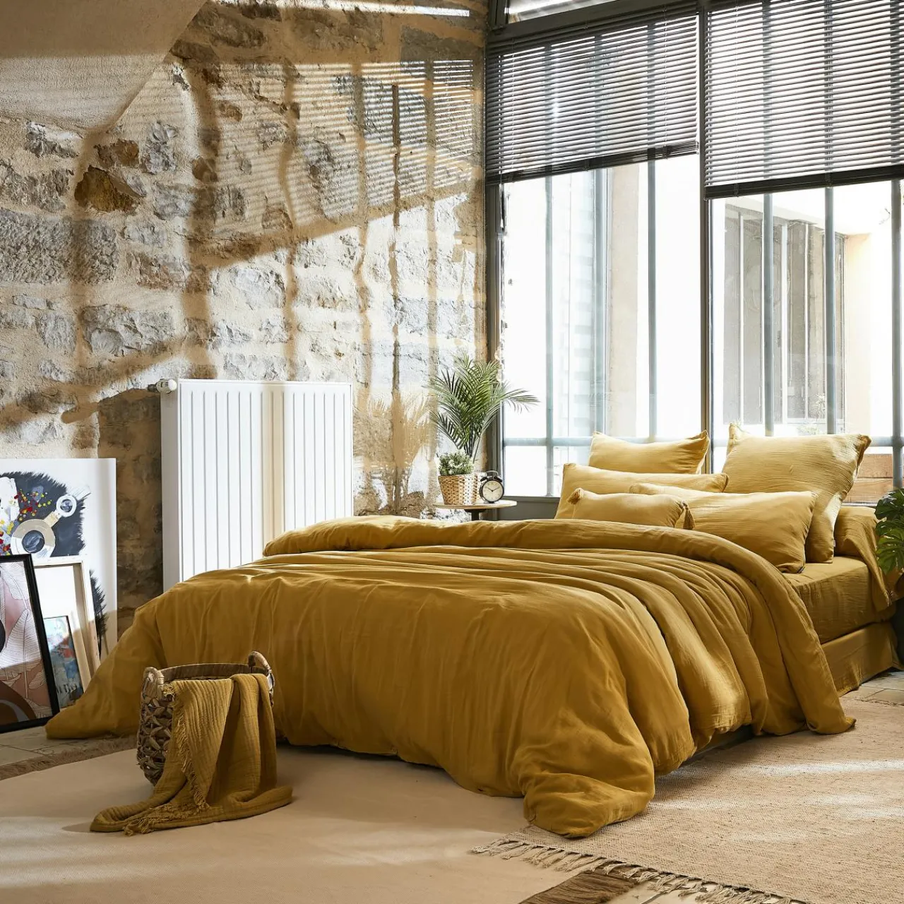 Drap Plat|EMINZA Drap plat gaze de coton (270 x 300 cm) Gaïa Jaune safran