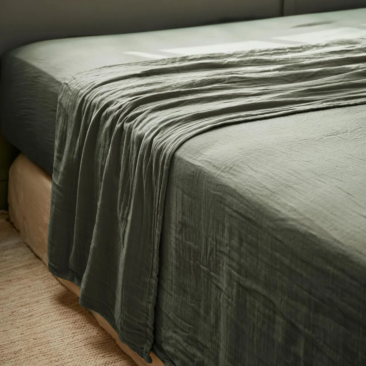 Drap Plat|EMINZA Drap plat gaze de coton (240 x 300 cm) Gaïa Vert romarin