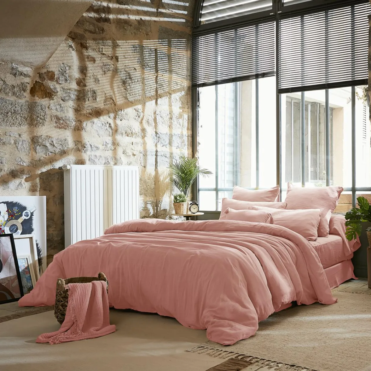 Drap Plat|EMINZA Drap plat gaze de coton (240 x 300 cm) Gaïa Rose Pêche