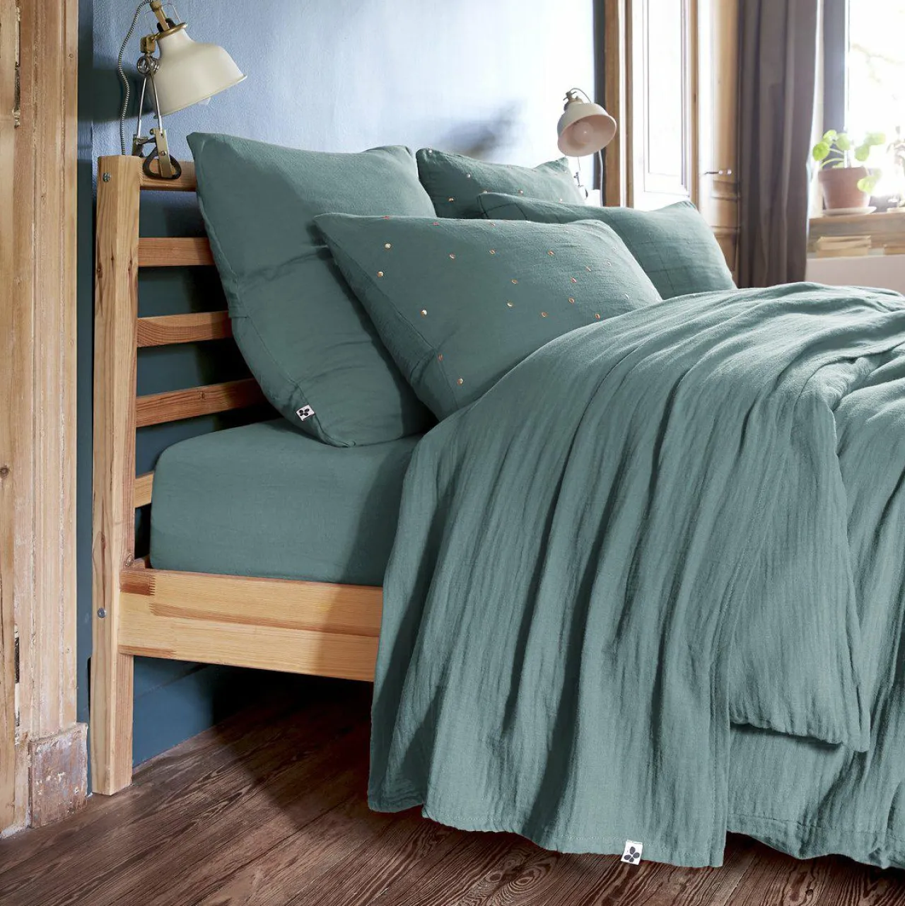 Drap Plat|EMINZA Drap plat gaze de coton (270 x 300 cm) Gaïa Bleu canard