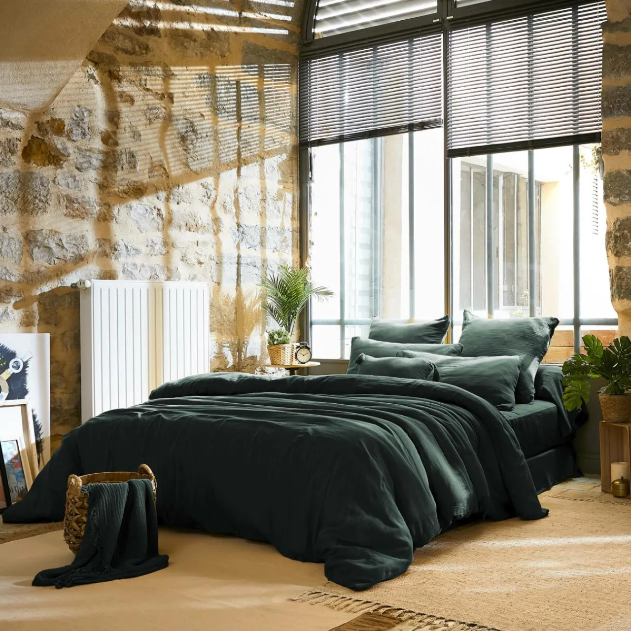 Drap Plat|EMINZA Drap plat gaze de coton (240 x 300 cm) Gaïa Vert sapin