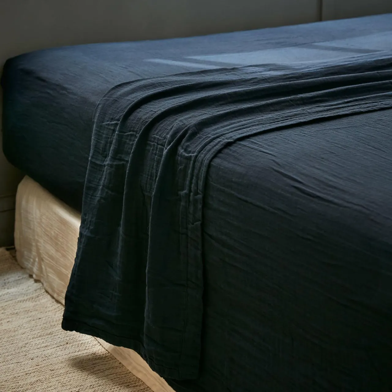 Drap Plat|EMINZA Drap plat gaze de coton (270 x 300 cm) Gaïa Bleu nuit