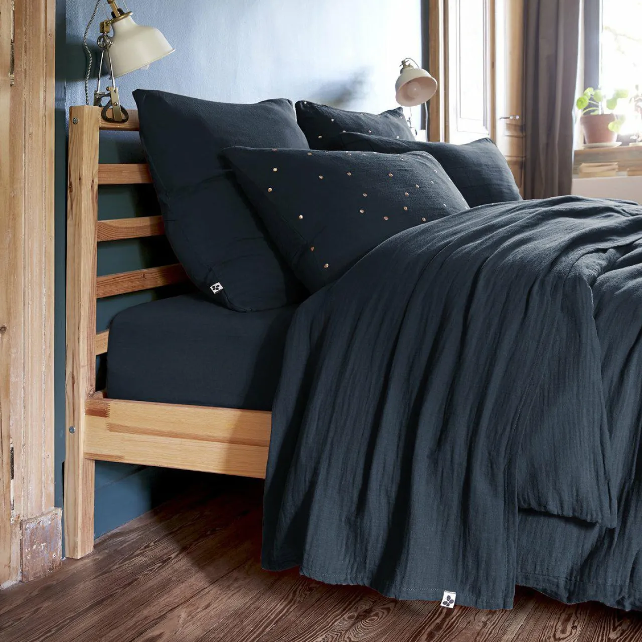 Drap Plat|EMINZA Drap plat gaze de coton (270 x 300 cm) Gaïa Bleu nuit