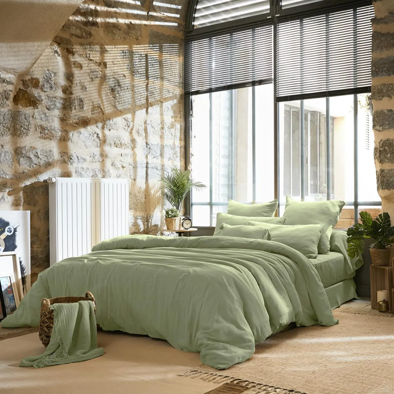 Drap Plat|EMINZA Drap plat gaze de coton (270 x 300 cm) Gaïa Vert tilleul