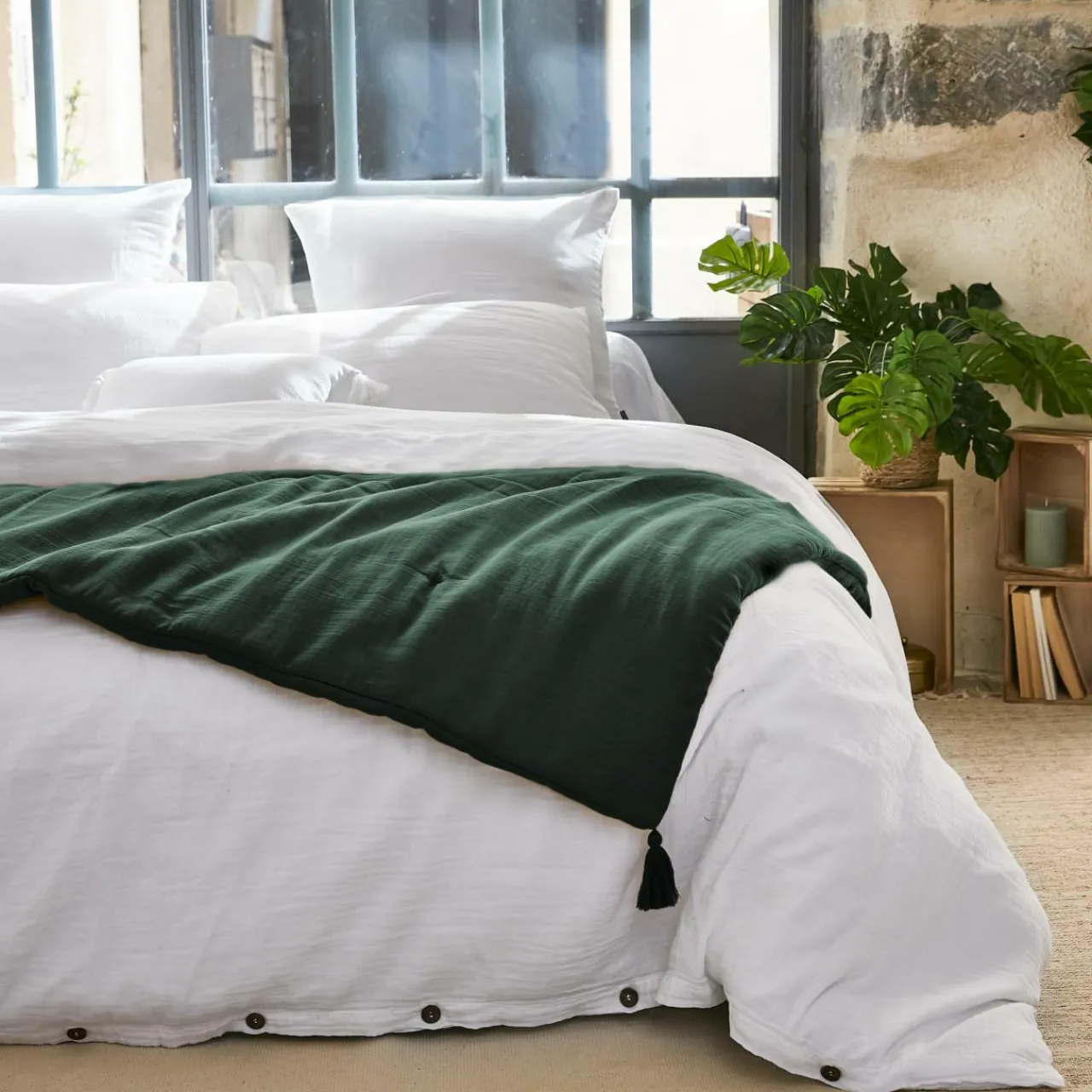 Couvre-Lit Et Édredon|EMINZA Édredon gaze de coton (90 x 200 cm) Gaïa Vert sapin