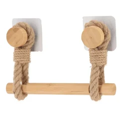 Accessoire Wc|TENDANCE Dérouleur de papier toilette adhésif bambou et lanières cordes Naturel