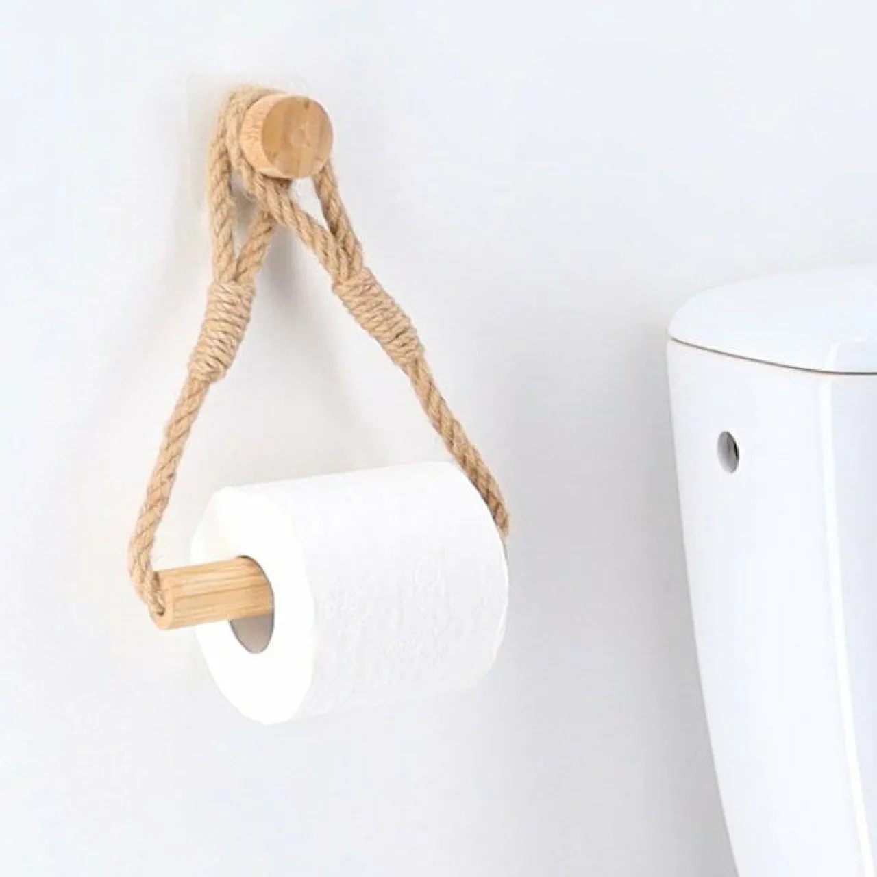 Accessoire Wc|TENDANCE Dérouleur de papier toilette adhésif bambou et corde Easy Chic Naturel