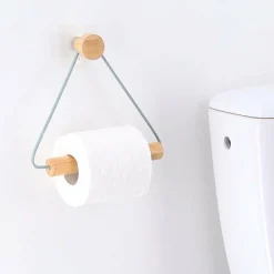 Accessoire Wc|TENDANCE Dérouleur de papier toilette adhésif métal et bambou Easy Chic Blanc