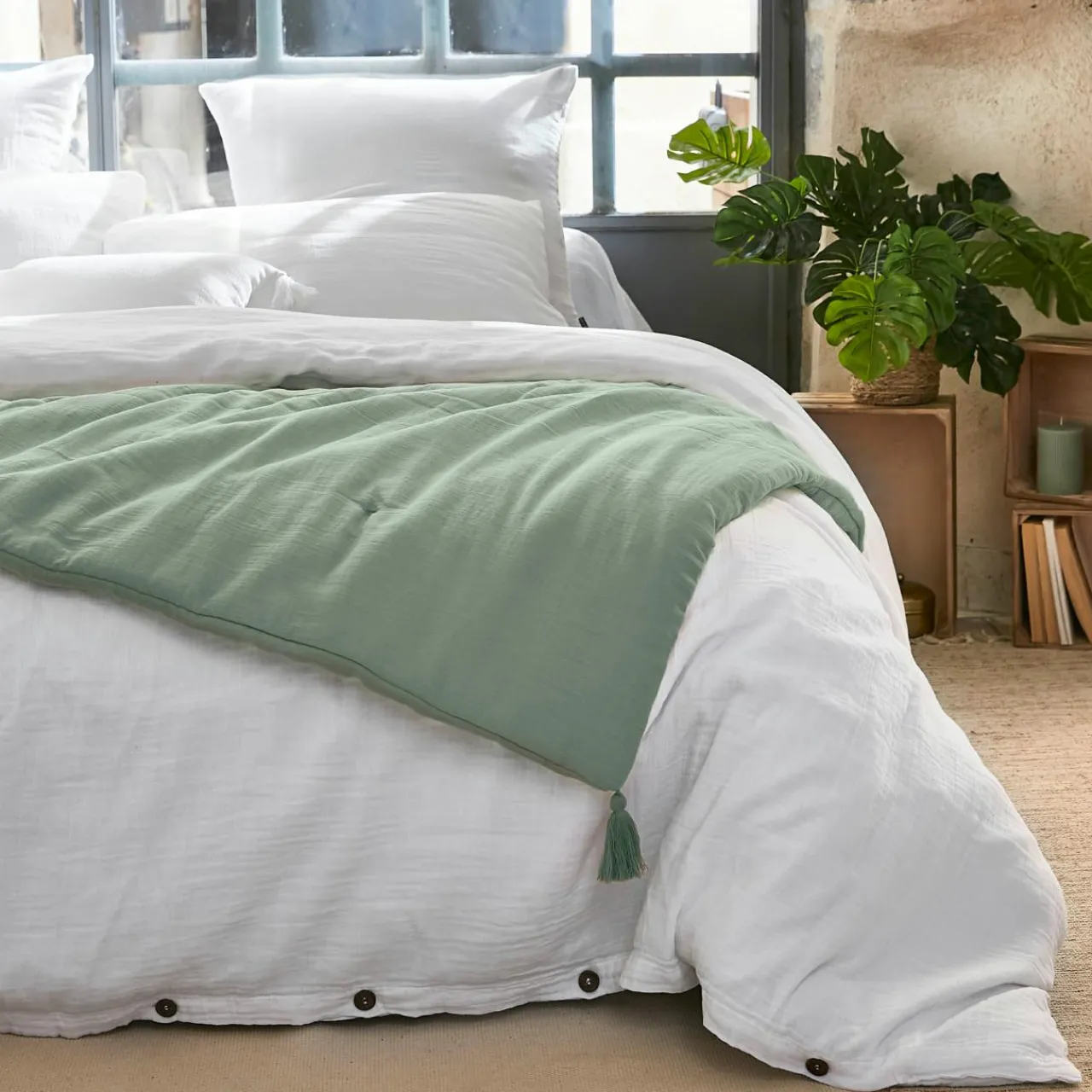 Couvre-Lit Et Édredon|EMINZA Edredon gaze de coton (150 x 150 cm) Gaïa Vert Eucalyptus
