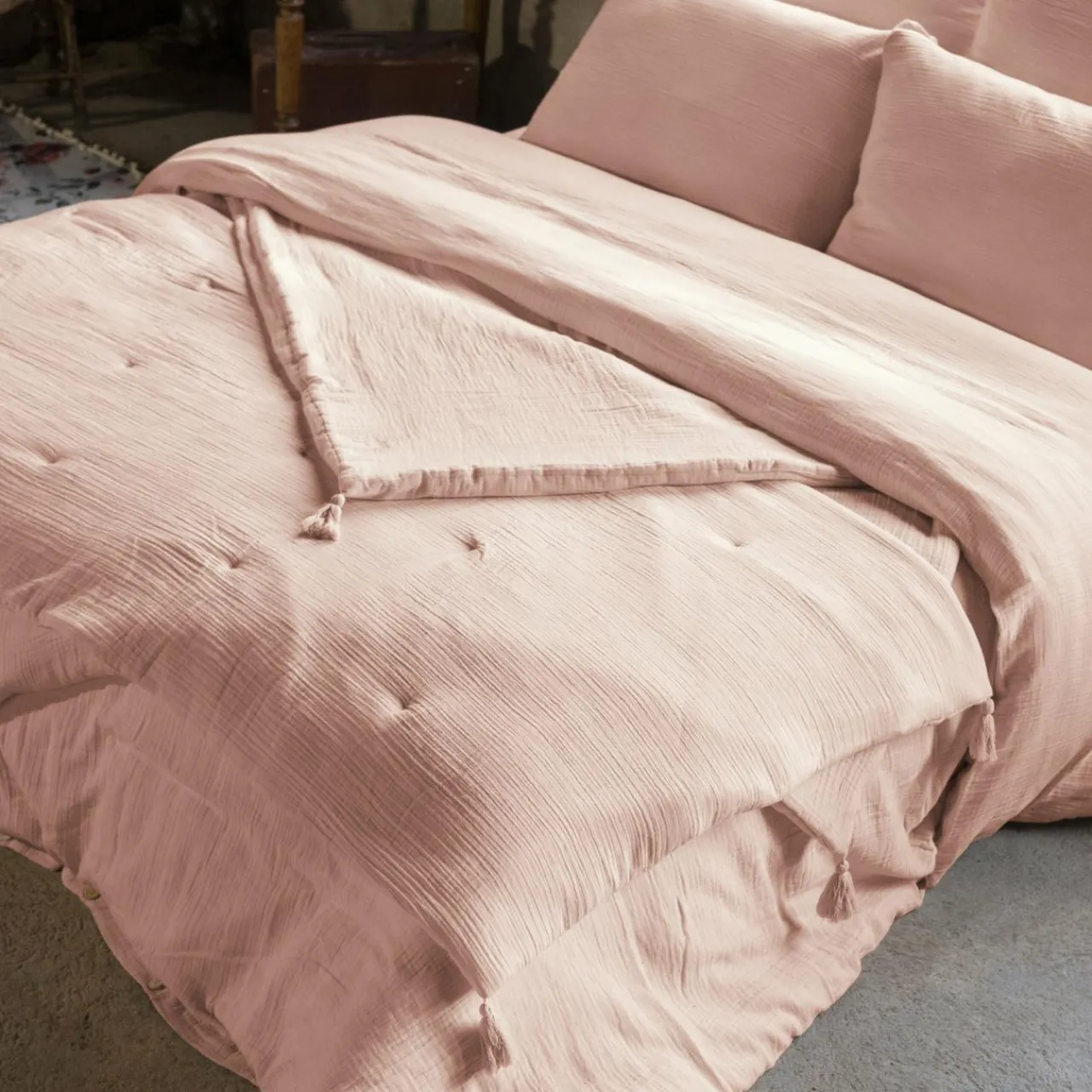 Couvre-Lit Et Édredon|EMINZA Edredon gaze de coton (90 x 200 cm) Gaïa Rose poudré