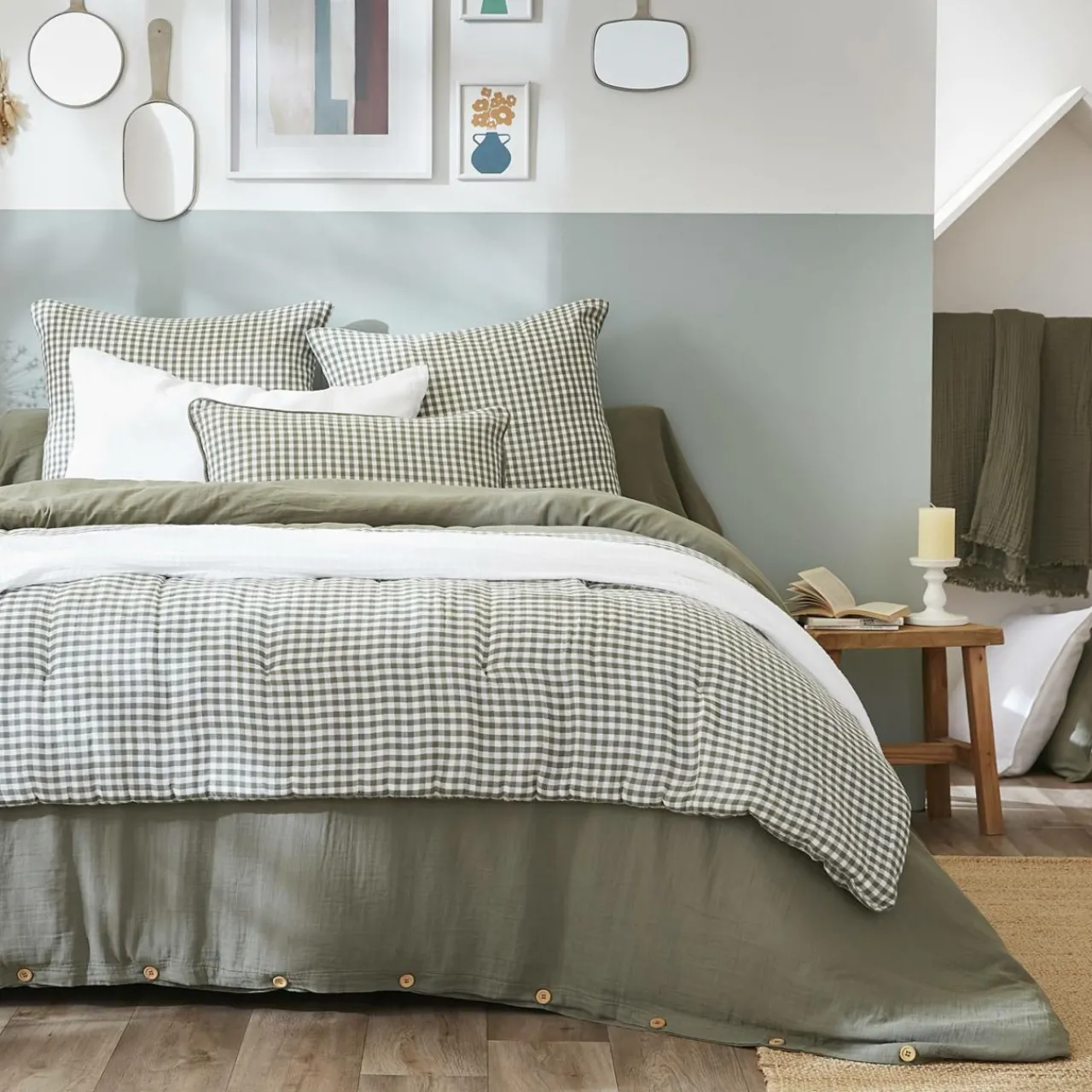 Couvre-Lit Et Édredon|EMINZA Edredon gaze de coton (90 x 200 cm) Gaïa vichy Vert romarin