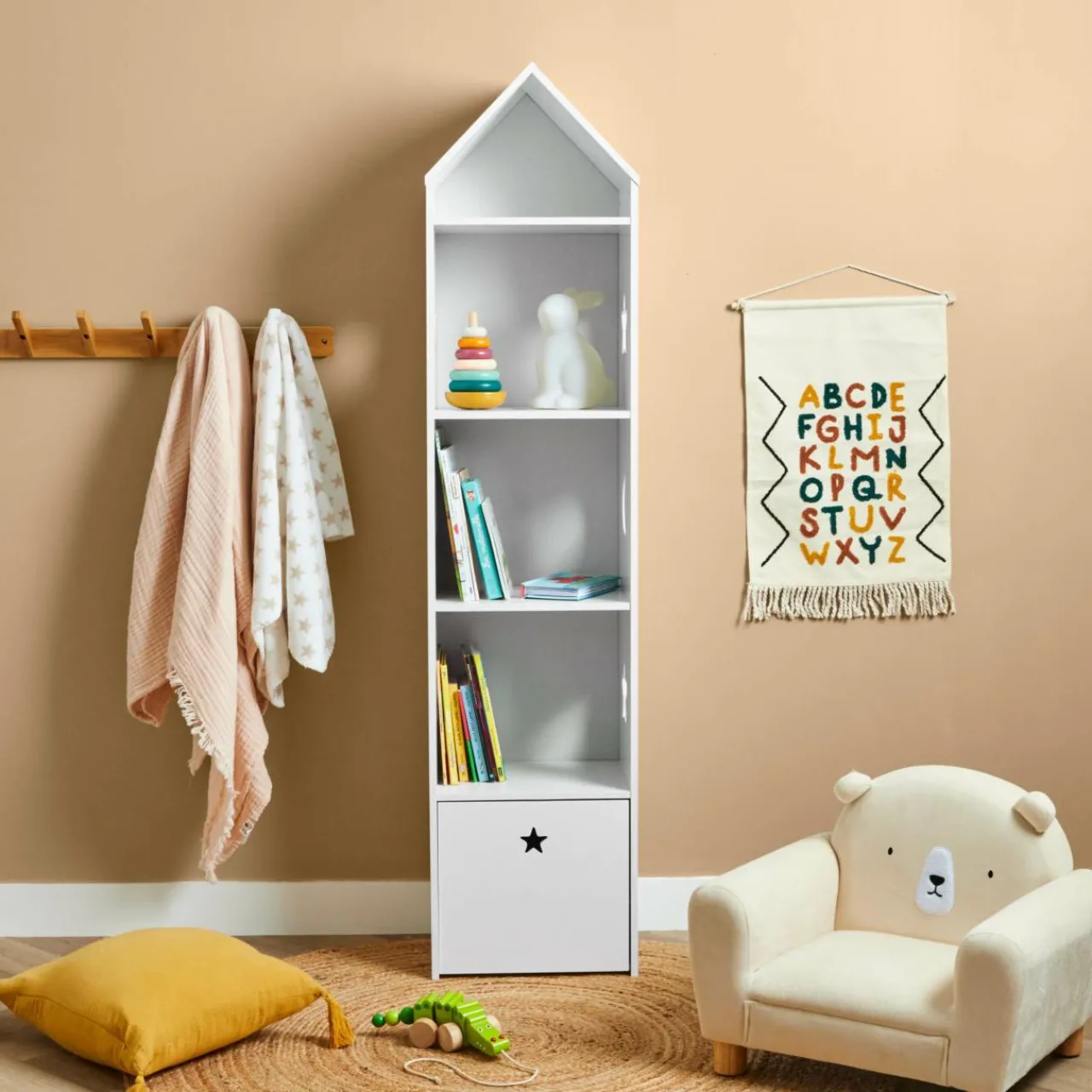 Petit Meuble Enfant|EMINZA Etagère enfant bois 4 niveaux (H154 cm) Stars Blanc