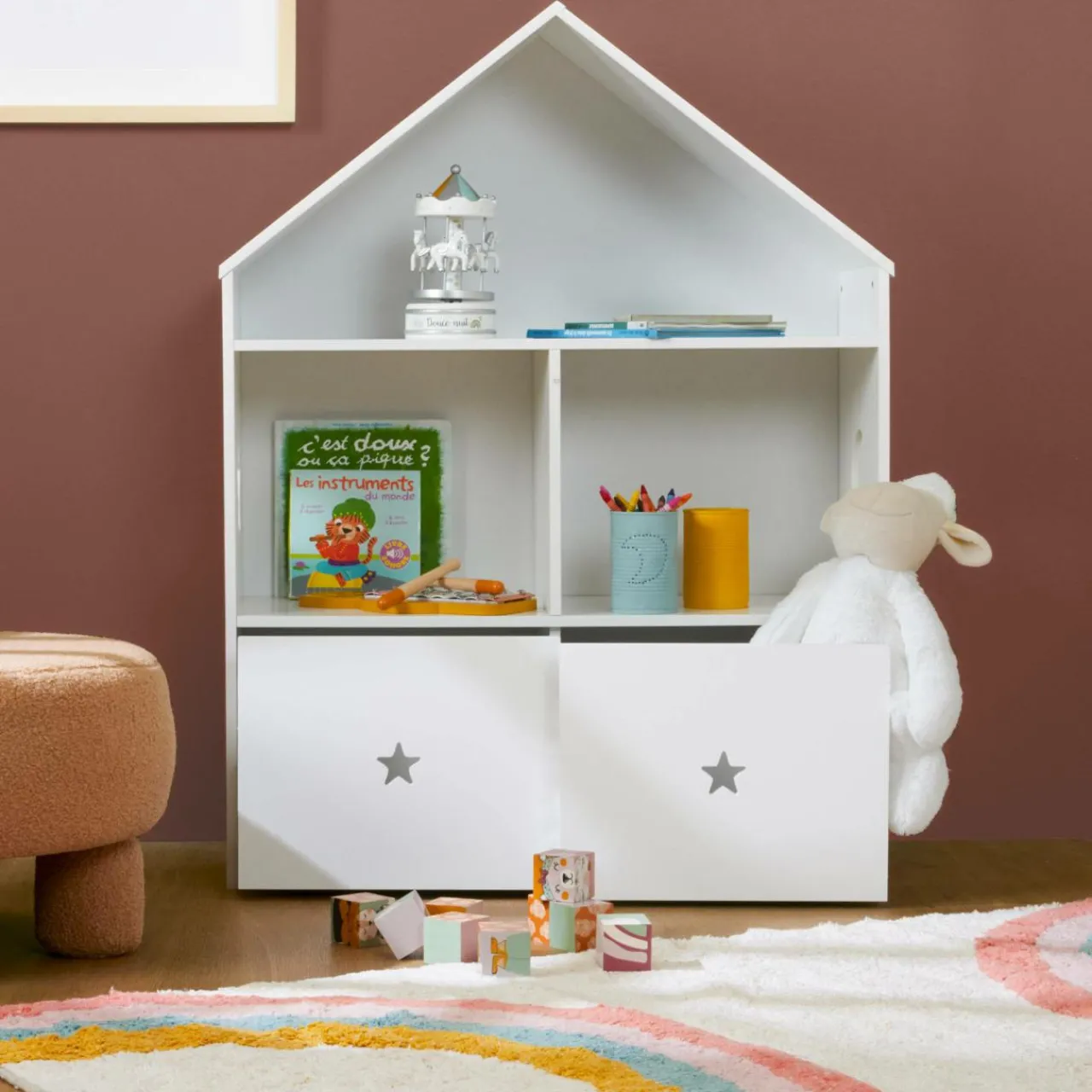 Petit Meuble Enfant|EMINZA Etagère enfant bois 3 niveaux (H97 cm) Stars Blanc