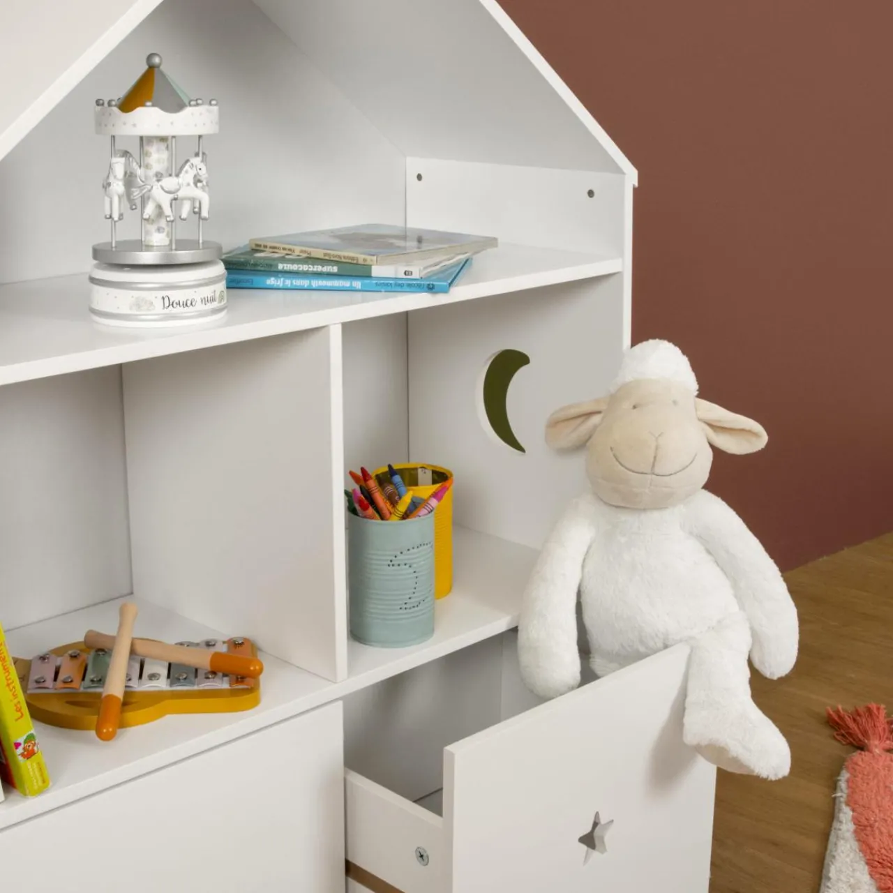 Petit Meuble Enfant|EMINZA Etagère enfant bois 3 niveaux (H97 cm) Stars Blanc