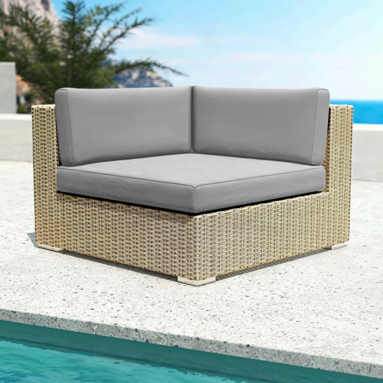 Canapé, Fauteuil Et Table Basse|MOBELLIA Fauteuil d'angle de jardin en résine tressée Palma Gris et anthracite Tressé Gris - Anthracite