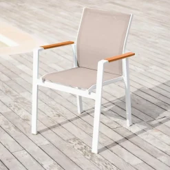 Chaise De Jardin|MOBELLIA Fauteuil de jardin aluminium et bois teck empilable Bali Blanc