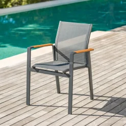 Chaise De Jardin|MOBELLIA Fauteuil de jardin aluminium et bois teck empilable Bali Gris Anthracite
