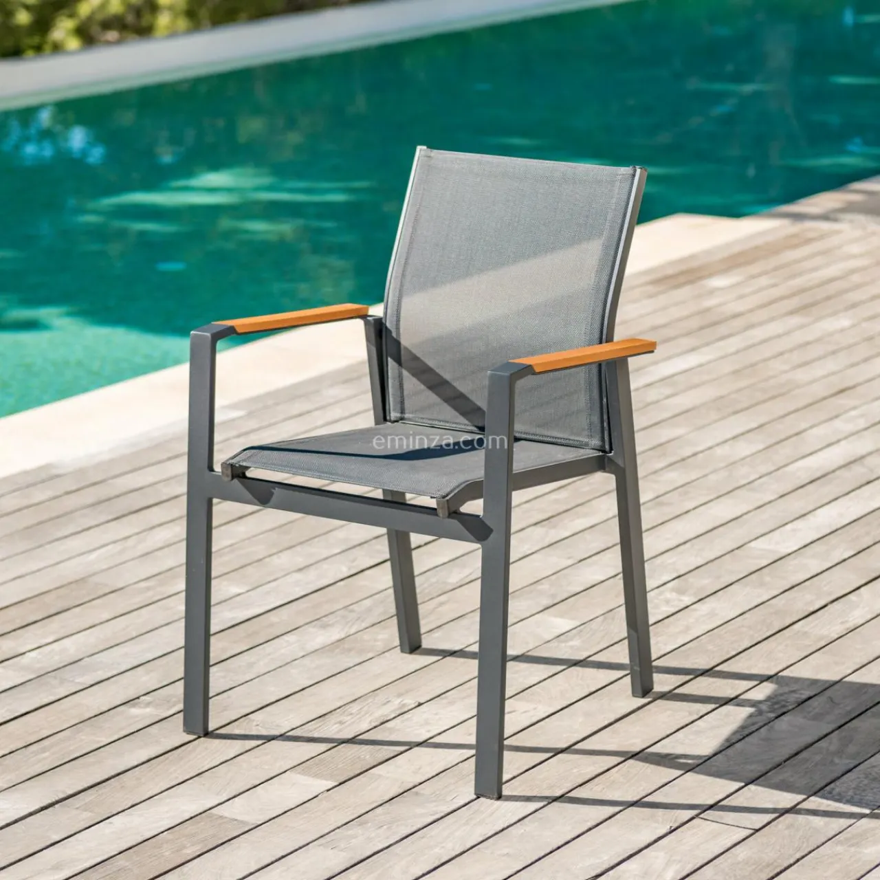 Chaise De Jardin|MOBELLIA Fauteuil de jardin aluminium et bois teck empilable Bali Gris Anthracite