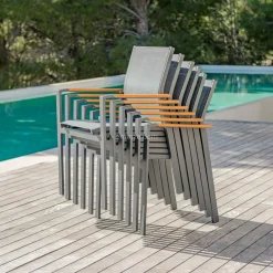 Chaise De Jardin|MOBELLIA Fauteuil de jardin aluminium et bois teck empilable Bali Gris Anthracite