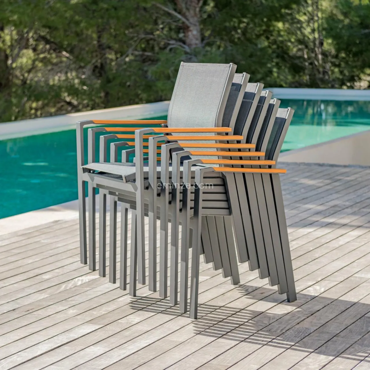 Chaise De Jardin|MOBELLIA Fauteuil de jardin aluminium et bois teck empilable Bali Gris Anthracite