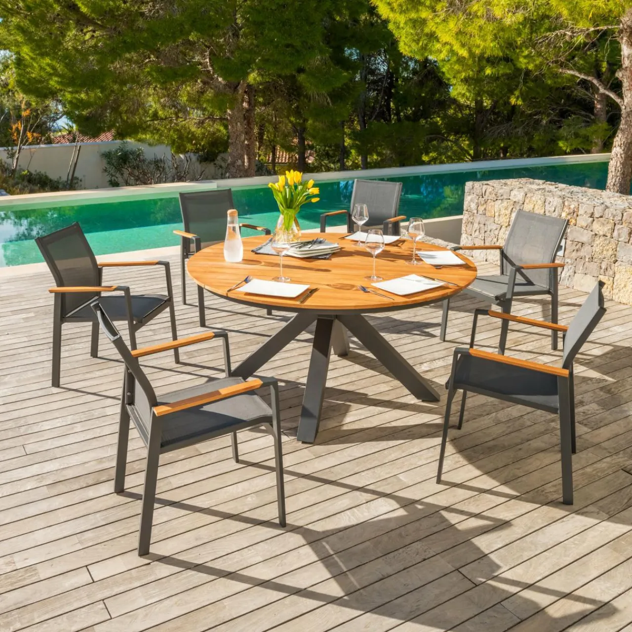 Chaise De Jardin|MOBELLIA Fauteuil de jardin aluminium et bois teck empilable Bali Gris Anthracite