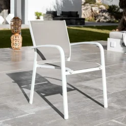 Chaise De Jardin|MOBELLIA Fauteuil de jardin aluminium empilable Murano Blanc et taupe Taupe clair