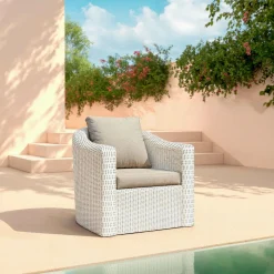 Fauteuil Détente|Canapé, Fauteuil Et Table Basse|MOBELLIA Fauteuil de jardin en résine tressée Calvi Blanc et taupe Tressé Blanc - Taupe