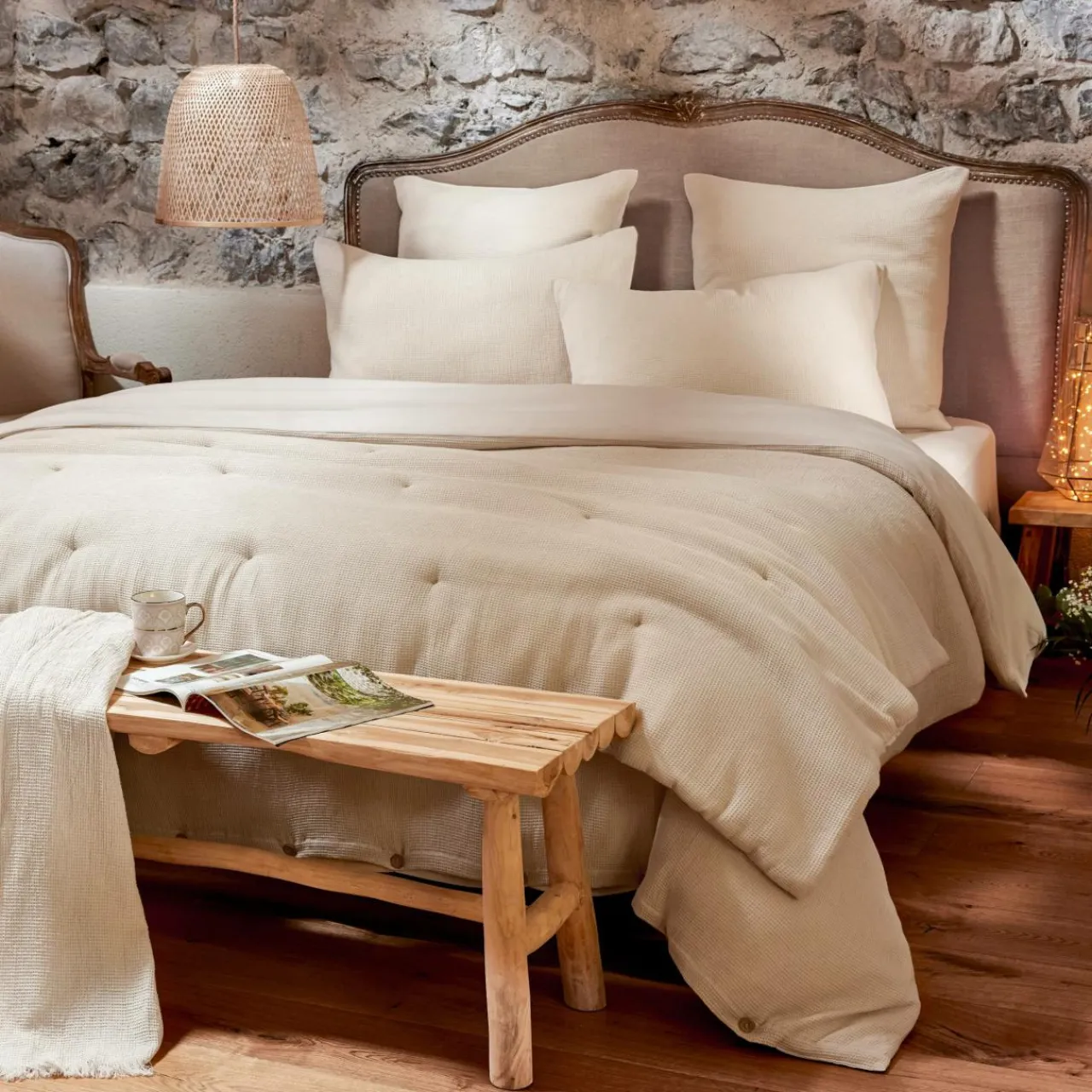 Housse De Couette|EMINZA Housse de couette coton nid d'abeille (200 x 200 cm) Eva Beige