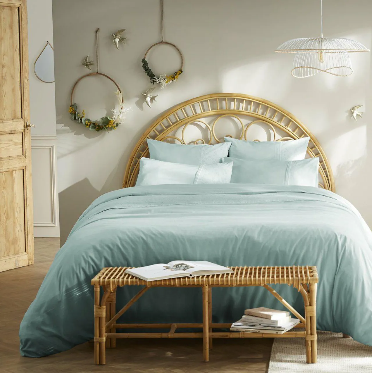 Housse De Couette|L'EFFET PAPILLON Housse de couette dentelle coton (260 x 240 cm) Jeanne Bleu clair