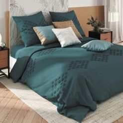 Parure De Lit|Housse De Couette|ATMOSPHERA Housse de couette et deux taies coton lavé (260 x 240 cm) Moura Bleu canard