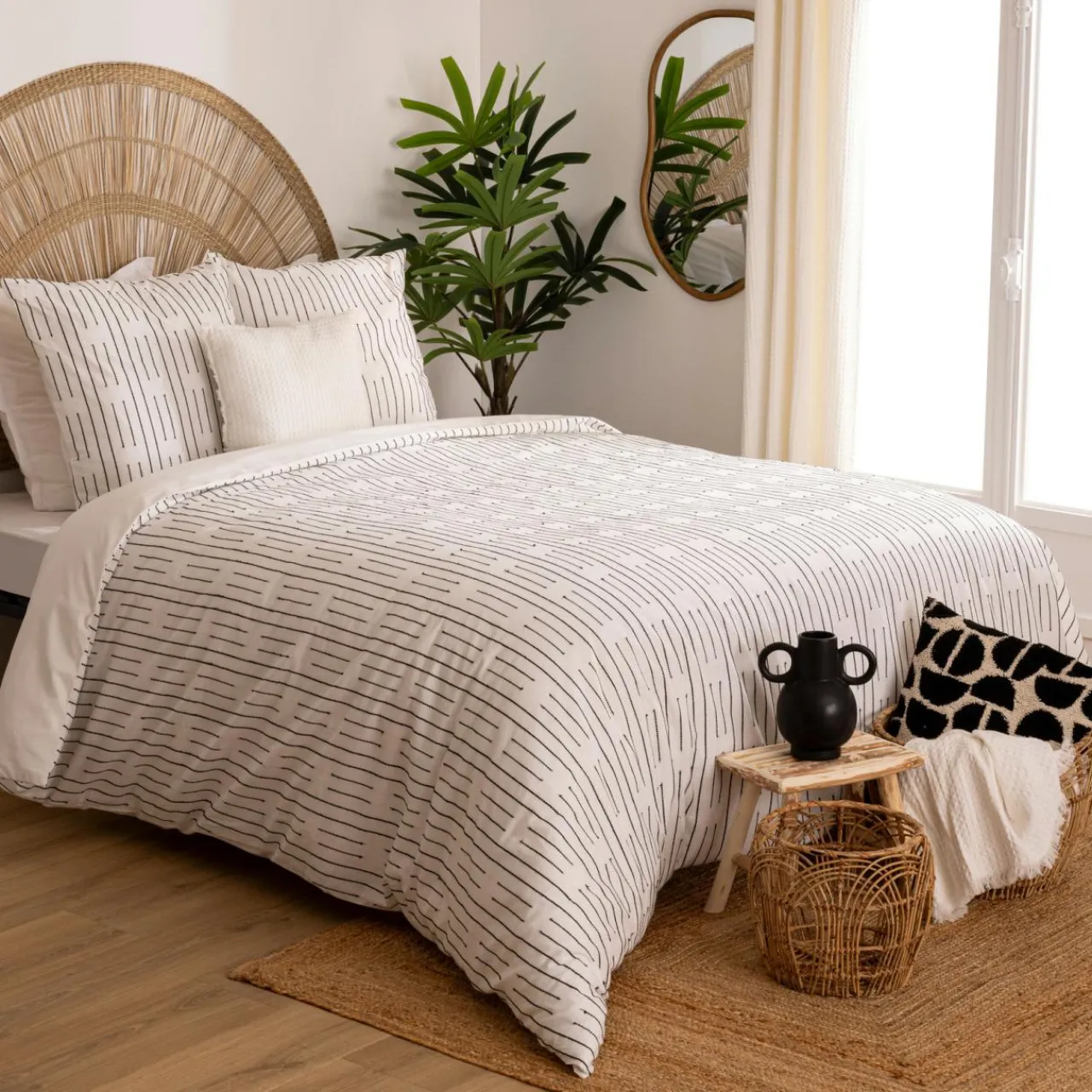 Parure De Lit|Housse De Couette|Atmosphera, cru017dateur d'intu017drieur Housse de couette et deux taies coton (240 x 220 cm) Dobby Noire Blanc