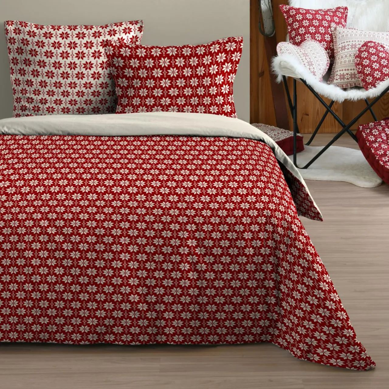 Parure De Lit|Housse De Couette|STOF Housse de couette et deux taies coton (240 x 220 cm) Valgenis Rouge